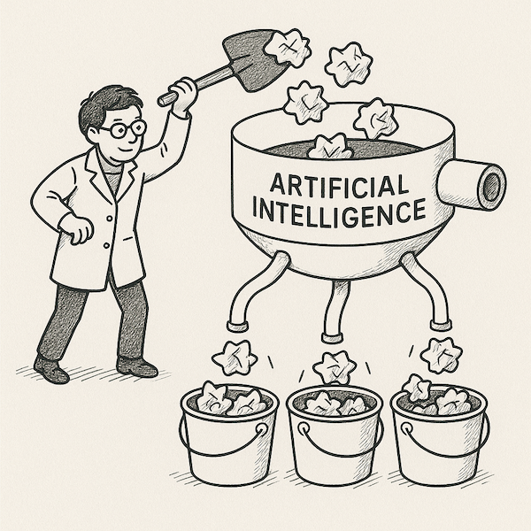 Drawing of a sieve that takes the contents from the interviews and places them in thematic "buckets".