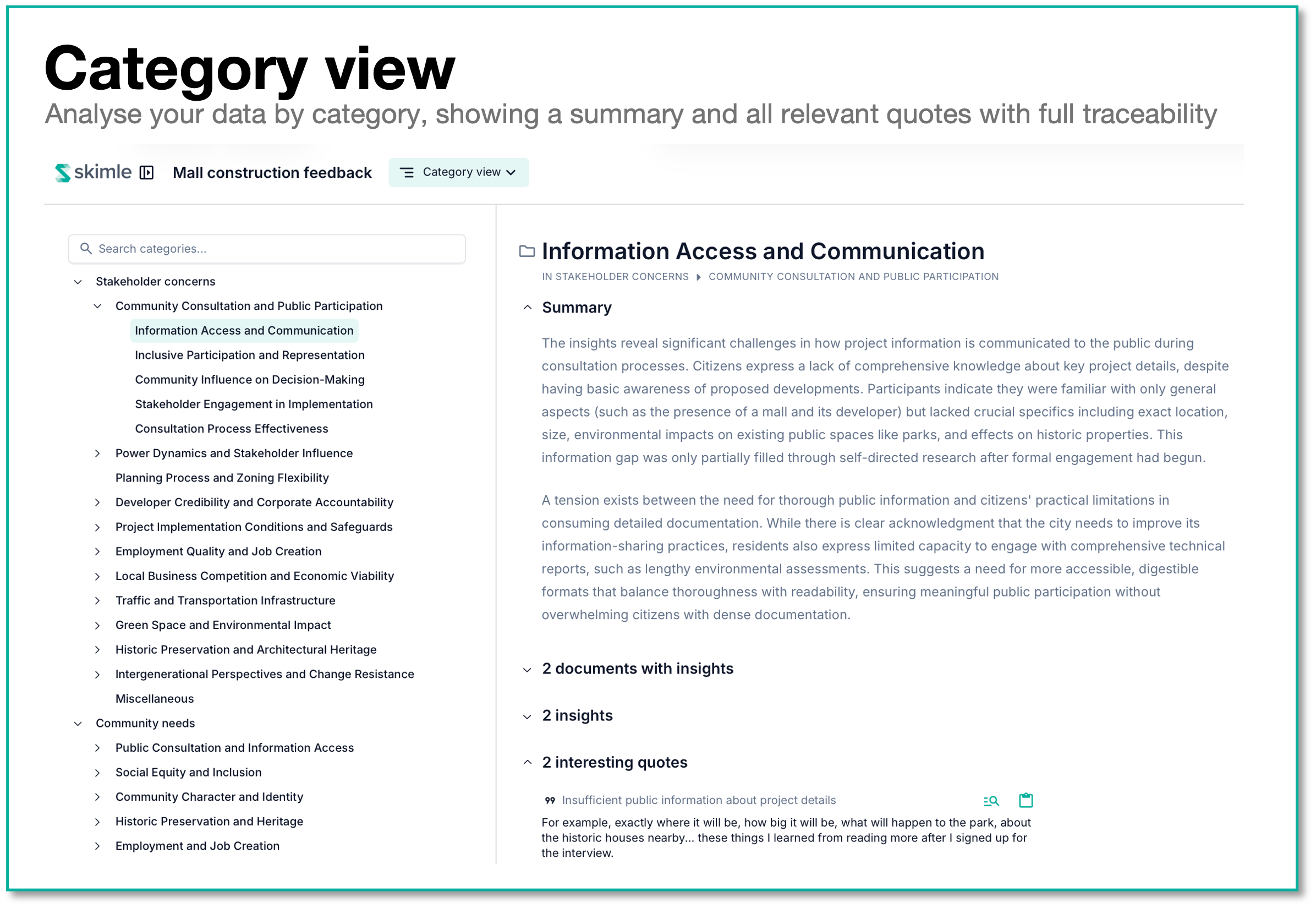 Skimle's category view allows digging deeper to each theme