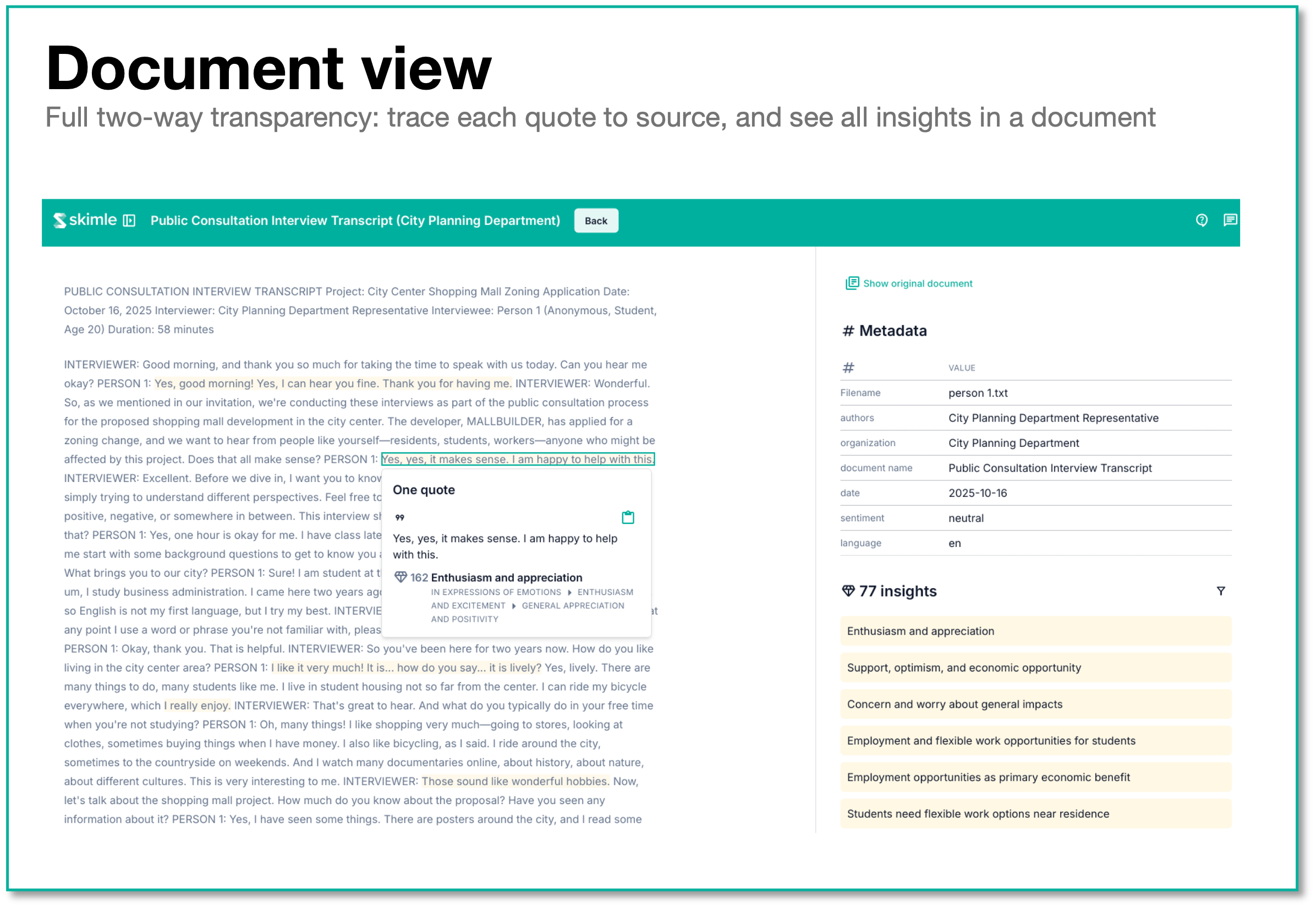 Skimle's document view shows individual source documents and how each passage is coded