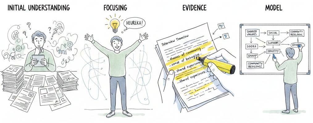 Four stages of analysis: initial understanding, focusing, evidence, and model